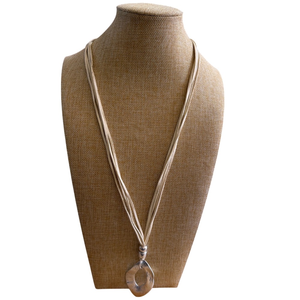 Silver Tone Hammered Open Teardrop Multi Strand Cord Statement Necklace Boho